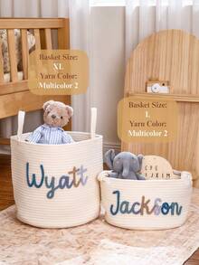 Giỏ đan cho bé theo yêu cầu, Quà tặng đầu tiên cho bé, Giỏ đan thêu cho trẻ sơ sinh, Giỏ dây thừng cho phòng bé, Giỏ quà mừng bé chào đời, Phù hợp với độ tuổi. - Nhiều màu - Xem 2