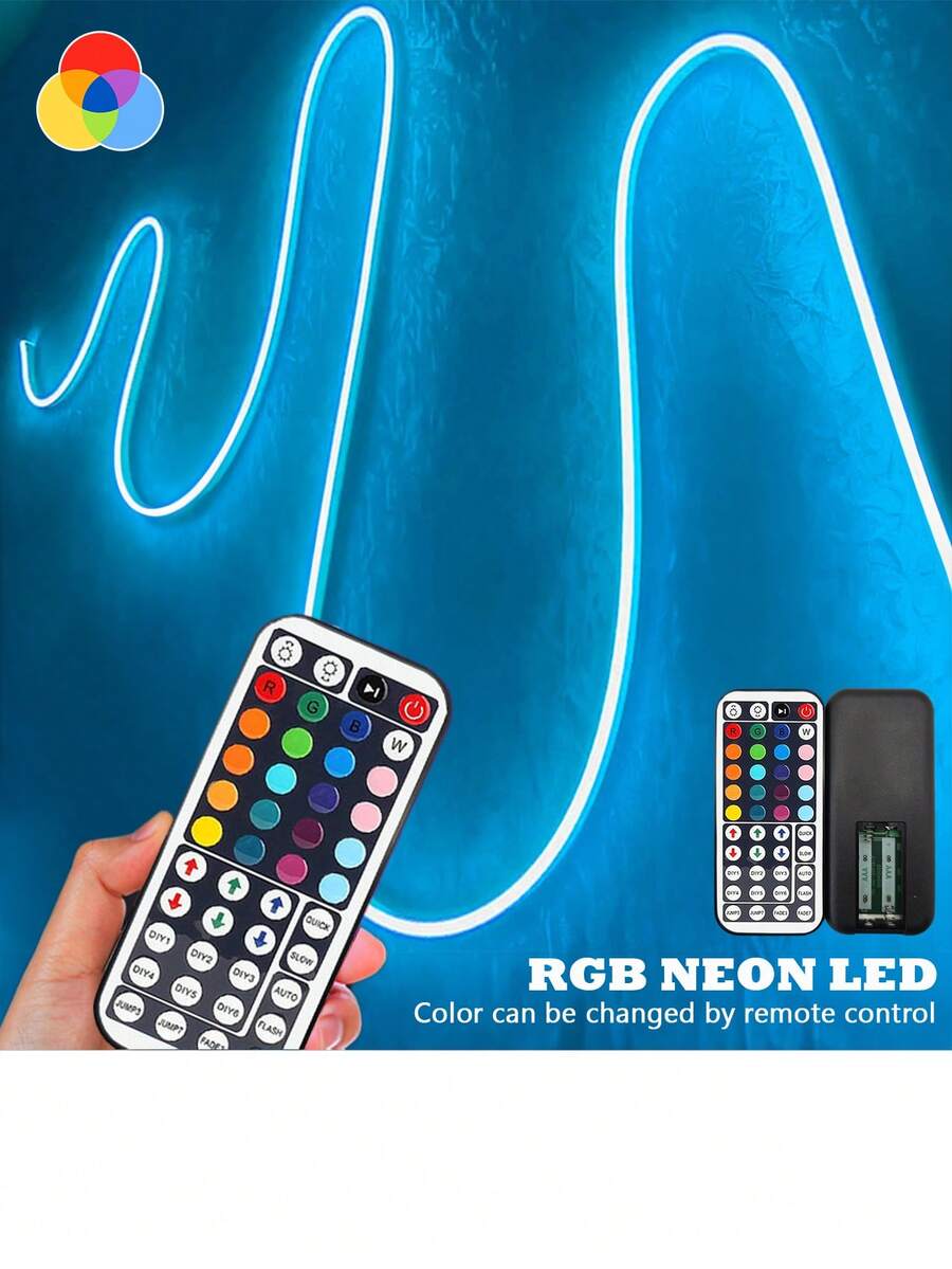 44键遥控RGB LED霓虹灯条，柔性硅胶材质，USB供电，适用于圣诞装饰、客厅、卧室照明和墙面DIY - 多色 - 查看 1