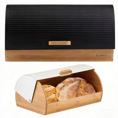 Wysokiej jakości czarno-biały chlebak z pokrywką ze stopu bambusa, duży czarno-biały chlebak, czarno-biały pojemnik na mleko i chleb, pojemnik do przechowywania na blacie kuchennym, czarno-biały bambusowy pojemnik do przechowywania żywności, aluminiowy pojemnik do przechowywania żywności, zamykany na zatrzask pojemnik do szafki na chleb, pojemnik piknikowy, chlebak do przechowywania w kuchni, jadalni i salonie.