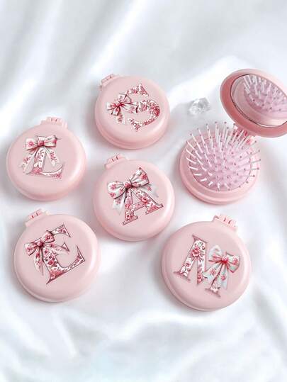 Pink Bow 26 Letter Round Folding Comb With Mirror, Portable Compact 2-In-1 Makeup Mirror Comb, Mini Foldable Air Cushion Massage Comb For Women ,Girls, Mom, Suitable For Wedding, Travel, Camping, Office, Business Trips, Sports, Outdoor, Performances, Brush Hair, Multi-Function, Back To School, Mother's Day Gift, Travel Essuential, Easter Gifts, Accessaries Women
