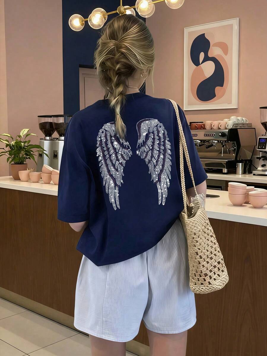 Women's Summer New Simple Slogan Print Casual Vacation Style Loose Fit Round Neck Short Sleeve T-Shirt, Fashionable Everyday Top, Suitable For Daily And Vacation Wear. Women's T-Shirt Top. - Navy Blue - View 1