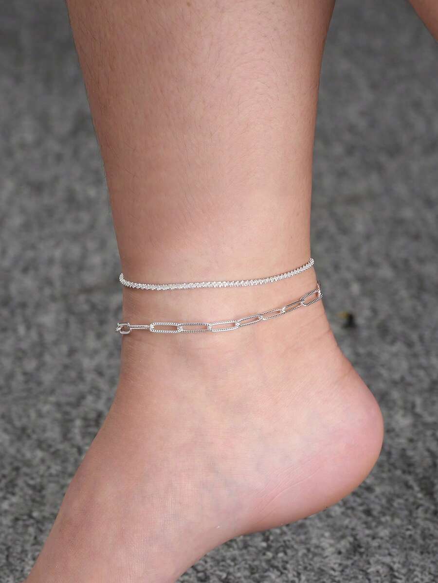 Nooxian Bộ 2 chiếc vòng chân bằng bạc lấp lánh đính đá Zirconia trắng tinh khôi dành cho nữ - Bạc - Xem 1