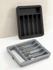1pc Expandable Adjustable Plastic Kitchen Utensil Organizer Box, Made Of PP Plastic Material, Flat Cutlery Storage Box For Kitchen Countertop, Cabinet Drawer, Holds Chopsticks, Cutlery, Tools (Small + Large) - View 8