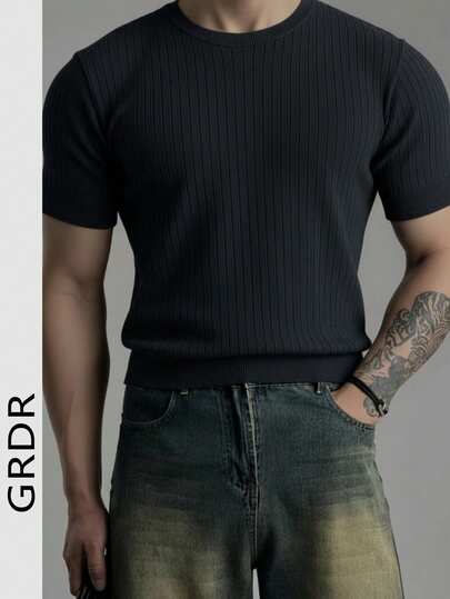  GRDR Men's Summer Ribbed Knit Short Sleeve Shirt, Suitable For Daily Outings And Dates