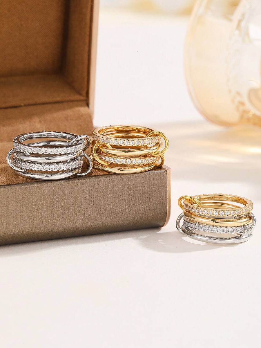 4pcs Luxury Personalized Cubic Zirconia Combination Multi-Layer Adjustable Copper Alloy Rings - 3 Rings - View 1