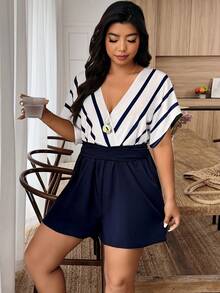 Plus Size Women's Spring/Summer Striped Color Block Jumpsuit With Matching Top And Shorts, Casual - Multicolor - View 4