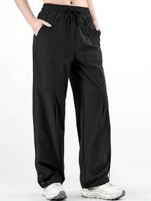 女士速干徒步裤，冰丝阔腿裤，可调节裤脚和抽绳腰带，弹力工装裤，适合露营 - 黑色 - 查看 8