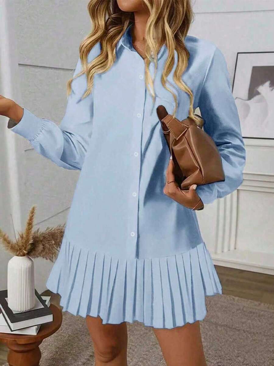 Women's Elegant Solid Color Pleated Collar Front Button Closure Side Slit Shirt Dress Spring