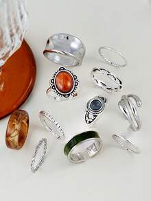 11件套波西米亚风多层戒指套装，人造宝石装饰戒指，适合女性日常佩戴、度假、派对、节日礼物 - 銀色 - 查看 2