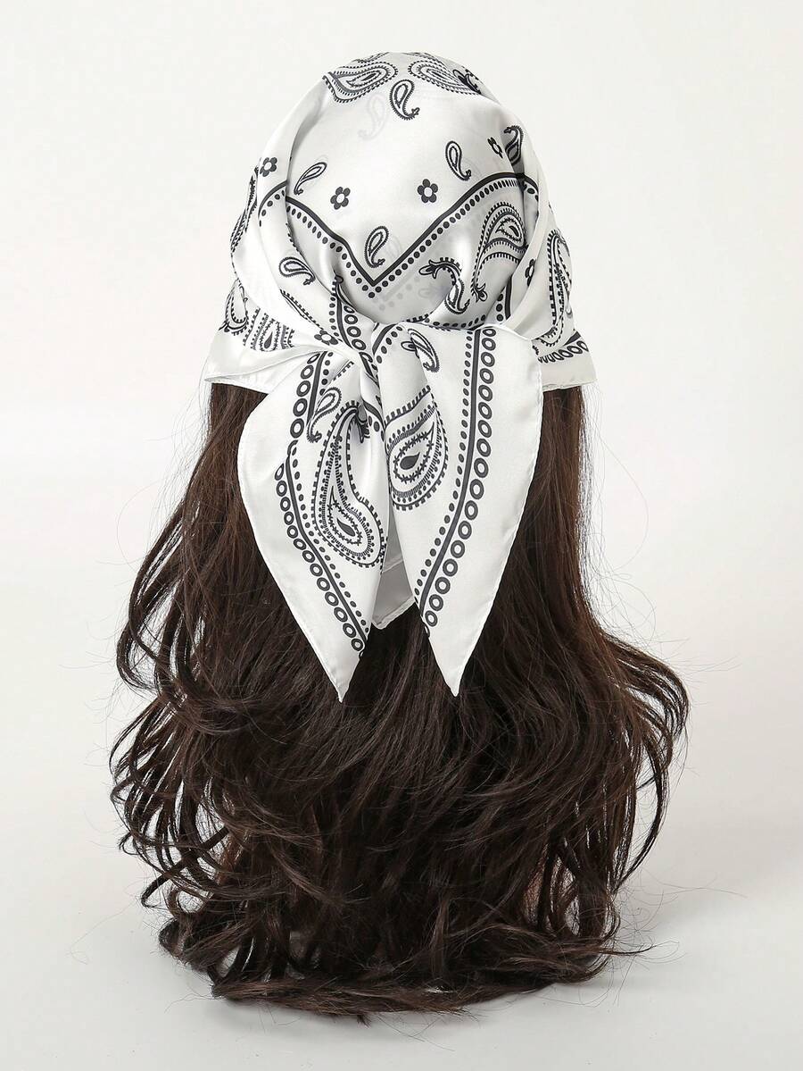 1 pieza Pañuelo cuadrado de 70cm con estampado simple, nuevo pañuelo de primavera para mujer, versátil para atar a la cintura, diadema, pañuelo de moda - Blanco - Ver 1