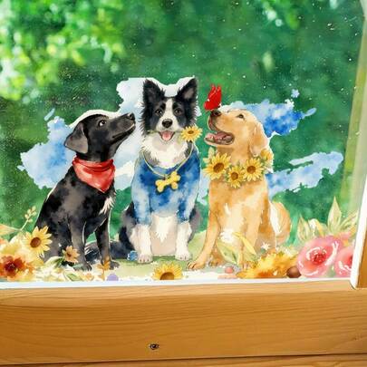 Self-Adhesive Animal Theme Window Stickers | Watercolor Dogs With Sunflower Window Sticker Ideal Double-Sided For Decorating Bedrooms, Living Rooms, And Display Walls, Enhancing Home Aesthetics