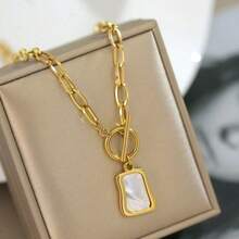1pc Vintage White Bead Short Necklace For Women, Minimalist Square Pendant Dainty Chain, Non-Fading Retro Layering Jewelry, Versatile Sweater Chain & Daily Wear Accessory, Cute Gift For Her - 金色 - 查看 3