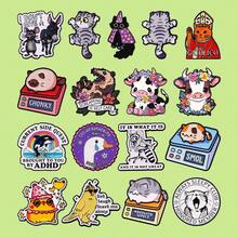 可爱卡通猫牛珐琅徽章动物虎鲸搞笑浣熊语录胸针金属翻领别针徽章背包服装配饰珠宝朋友礼物 - 黑色 - 查看 3