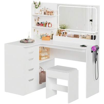  Devoko Corner Dressing Table L-Shape With Mirror, LED Lighting 3 Brightness Levels, Stool, 5 Drawers, Socket And Hairdryer Holder, White/Black