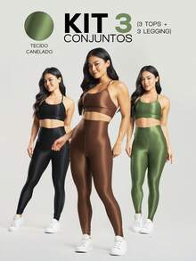 3-Piece Women's Fitness Set – 3 Tops And 3 Shiny Ribbed Leggings With High Waistband - Black + Brown + Green - View 1