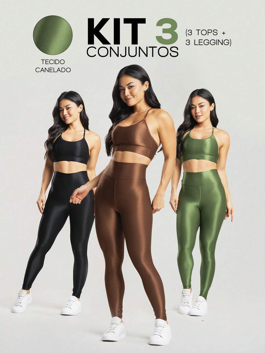 3-Piece Women's Fitness Set – 3 Tops And 3 Shiny Ribbed Leggings With High Waistband - Black + Brown + Green - View 1