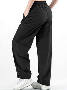 女士速干徒步裤，冰丝阔腿裤，可调节裤脚和抽绳腰带，弹力工装裤，适合露营 - 黑色 - 查看 2