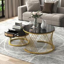 2-In-1 Round Coffee Table Made Of MDF, Side Table With Marble Tabletop And Plastic Rattan Drawers, Solid Wood Handles. Gold Iron Legs. 70 X 70 X 45.5 + 50 X 50 X 38.5 Cm - Black - View 4
