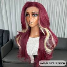 13x4 Burgundy Lace Front Wig Kanekalon Futura Hair 22 Inch Long Wave Highlight Wigs Curtain Bangs, Glueless Kanekalon Hair Resistant Synthetic Hair Wigs Free Part 150% Density Ready To Wear Synthetic Wigs For Daily Party Festival Holiday Use Beginner Friendly Wigs Transparent Lace Wigs - Burgundy - View 4