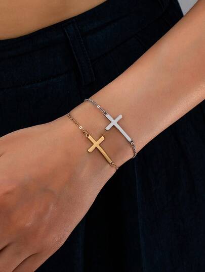 1pc Women's Fashion Bracelet, Minimalist Elegant Zinc Alloy Cross Pendant Bracelet, Suitable For Daily Wear