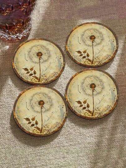 مجموعة 4 قطع من الفلين الخشبي الدائري بطبعة قديمة للأقحوان المسطح ثنائي الأبعاد - ديكور عيد، ديكور غرفة الطعام والمطبخ، مجموعة تحت الأكواب، خيار مثالي، أكواب للسيارة، أدوات المائدة، حماية الطاولة