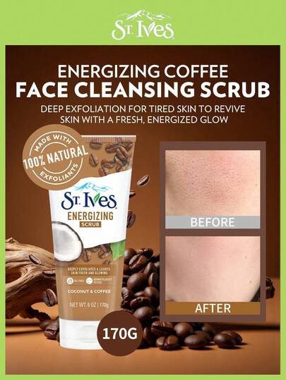 St. Ives [170克] 圣艾芙椰子咖啡磨砂膏 | 温和配方，滋养肌肤 | 排名第一的磨砂膏品牌，带来温和的身体和面部SPA体验 | 无油配方，经皮肤科医生测试 | 100%天然去角质颗粒，温和去除粗糙角质，令肌肤焕发光彩
