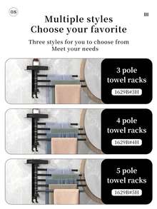 免钻孔壁挂式双层毛巾架 - 重型金属黑色浴室毛巾杆，节省空间的淋浴收纳架，可放置毛巾、浴袍和拖鞋（安装简便，现代设计） - A - 查看 10