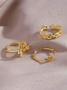 3件套时尚镂空立方氧化锆花朵、心形、线条几何图案戒指套装，金色，适合女性日常、节日、派对佩戴或作为礼物 - 金色 - 查看 4