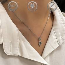 1pc Elegant Luxury 925 Silver Inlaid Agate Tulip Flower Pendant Necklace, Suitable For Women's Daily, Date, Gift, Party & Gathering - Silver - View 7