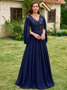 MIUSOL Đầm dạ hội chiffon ren hoa đính sequin cổ chữ V, đầm dự tiệc thanh lịch dành cho nữ, đầm dạ hội trang trọng cho mùa xuân và đám cưới. - Màu xanh hải quân - Xem 6