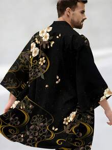Premium Chinese Style Black-Gold Cherry Blossom Print Men's Loose Kimono Cardigan - Multicolor - View 5