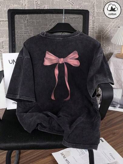 Es Trus Cotton, Summer Women's Fun Printed Hip-Hop "Pink Bow" Personalized Pattern Printed Street , Korean Style Comfortable Retro Basic Fashionable Commuting Versatile Y2k Clothing Women's Clothing, Suitable For Outdoor Leisure, Regular Niche Punk Style Black Top Loose Fitting Round Neck Short Sleeved Plus Size Washed T-Shirt
