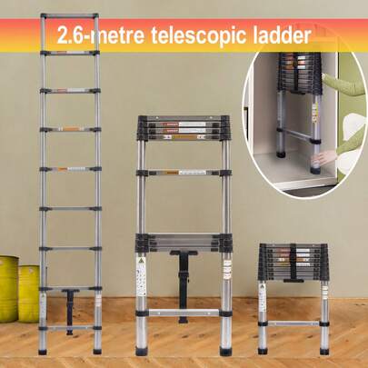 LMstarz Scala telescopica in acciaio inossidabile da 8,5 piedi, scala telescopica pieghevole multiuso a 9 gradini, scala compatta e portatile per uso domestico, capacità di carico 150 kg, adatta per lavori di manutenzione interni ed esterni.