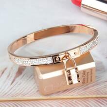 1pc Luxury Ins Style Crystal Inlaid Lock Design Stainless Steel Bracelet, Accessory For Women - Small Lock Bracelet - View 3