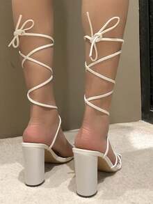 Sexy Cross-Strap High Heel Roman Sandals, Women's Chunky Heel Sandals With Thin Strap, Comfortable Open-Toe Party High Heels - White - View 2