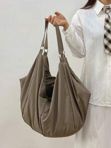 Large Capacity Plaid Pattern Shoulder Bag, Solid Color Nylon Material Water-Resistant, Minimalist Style Women's Crossbody Bag, Zipper Closure, Casual Practical Multipurpose Tote Bag, Suitable For Work, Study, Travel - Grey - View 9