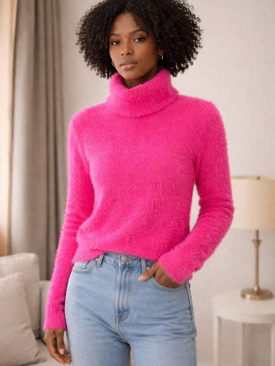 Furry Spotted Turtleneck Rabbit Wool Blouse – Soft, Elegant And Comfortable Rabbit Wool Turtleneck Blouse | Sophistication And Comfort - Hot Pink - View 1