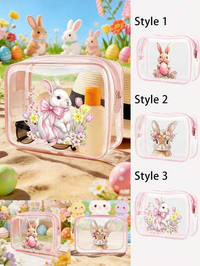 粉色复活节兔子图案PVC化妆包，拉链密封PVC旅行收纳袋，轻便防褪色化妆洗漱包，适合女性和女孩，便携式化妆盒，易于擦拭清洁，适合作为送给母亲、老师、朋友、护士、女性朋友的化妆包礼物，学校假期旅行洗漱包，防水化妆包