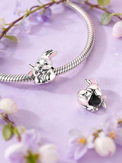 1pc Original Design Silver Charm Elegant Easter Bunny Beaded Pendant, Featuring Luxurious Luster, Anti-Oxidation And Long-Lasting Shine. Adorned With Cute Mother-Child Bunny Details, Rabbit Ears And Paws Decorated With Delicate Pink Enamel