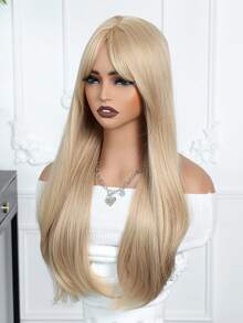 26 Inch Women Light Golden Long Straight Wig With Bangs, Heat Resistant Synthetic Fiber Machine Woven Full Wig, Suitable For Daily Wear And Dates - Gold - View 4