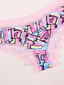 Dircho 3条装性感撞色粉色蕾丝低腰三角裤，全印花舒适丝滑贴身三角裤，女士内衣裤 - 彩色 - 查看 8