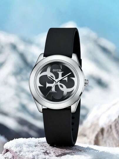 Guess Reloj de mujer, reloj de mujer con correa de silicona negra, esfera con logo de hebilla grande plateada, reloj de pulsera casual deportivo de cuarzo W0911L8