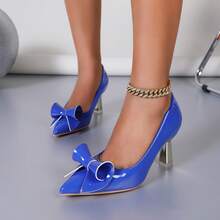 XCM Women's Royal Blue Patent Leather Pointed-Toe Flats With Elegant Bow Embellishments And A Metallic Chunky Heel; Lightweight And Comfortable Slip-On Dress Shoes, Designed Specifically For Women And Young Girls, Featuring A Stylish Bright Blue Hue And A Stable, Comfortable Mid-Heel Design; Suitable For Office Commutes, Everyday Wear, Banquets, And Parties. Also Suitable For All Seasons, Including Wedding And Party Shoes - 藍色 - 查看 2
