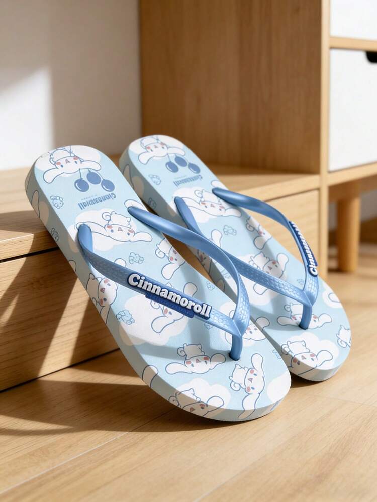 SANRIO Rollo de canela y pantuflas, sandalias de dedo con diseño de primavera/verano, chanclas planas de punta redonda, diseño de dibujos animados lindos, zapatos casuales para interiores/exteriores y playa - Celeste - Añade 7