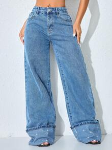 女士夏季低腰休闲牛仔裤，饰有水钻 - Blue Ambition - 查看 3