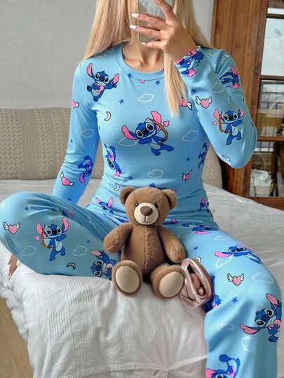 Disney 2pcs Stitch Allover Print Stretchy Comfortable Long T-Shirt And Pants Set, Cute Heart Design, Suitable For Casual, Holiday, Spring/Autumn