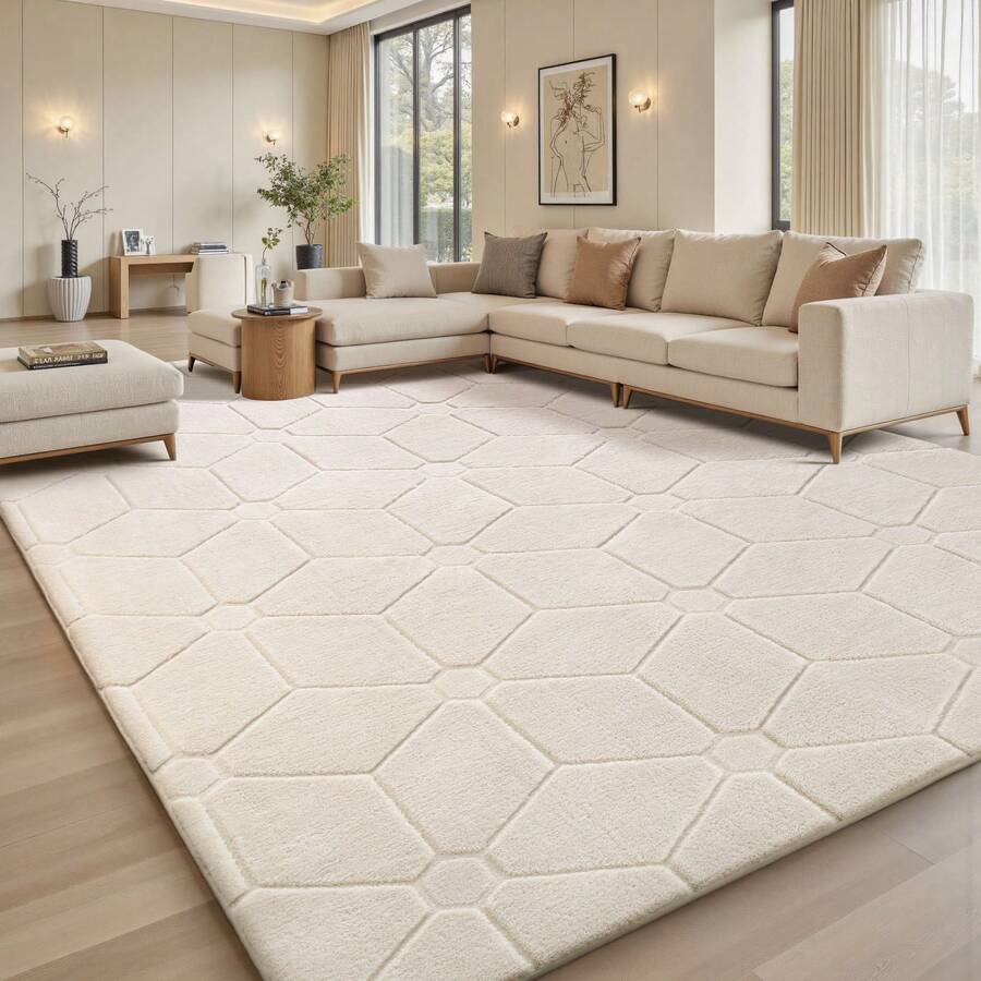 Treeboy Modern Fluffy Rugs Living Room 200x300, 3D Grey Area Rugs For Bedroom, Modern Design Extra Large Rugs For Living Room, Machine Washable Anti Slip Fluffy Rug Shaggy Rug Cream Rug Carpets Mat For Kids Room Bedroom - 乳白色 - 查看 1