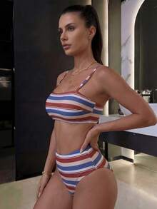 Conjunto de bikini de rayas casual de verano para playa y vacaciones - Marrón - Ver 3