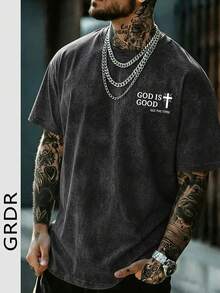 GRDR T-shirt à col rond style américain rétro minimaliste avec lettrage religieux, lavé. Confortable et respirant pour le port estival - Noir - Voir 4