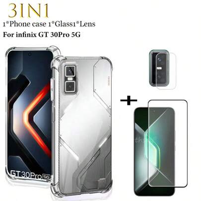 3-In-1 GT30Pro 5G Phone Case Set: Transparent Shockproof Phone Case + 9H Tempered Glass Screen Protector + 3 Pcs Lens Film, Anti-Scratch Anti-Explosion Anti-Bubble, Gaming Phone Accessories Set, Easy Installation